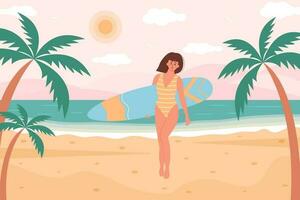 Woman in swimsuit with surfboard on the beach. Tropical palms around. Summertime, seascape, active sport, surfing, vacation concept. Flat cartoon vector illustration.
