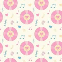 Vintage vinyl record, music notes and hearts seamless pattern. Pastel wrapping paper or fabric template. vector