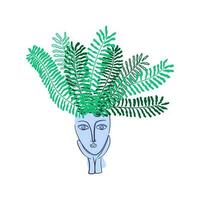 Fern. Indoor plant in flowerpot. Ancient Greek style head of women as a flowerpot. Hand drawn flat style vector illustration.