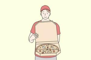 Pizza, online order, home food delivery concept. Young happy smiling man boy courier cartoon character standing with pizza cutting on slices. Fast supply service, ordering takeout or food at home. vector