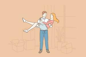 Happy moving, young couple living together, just married buying real estate concept. Boyfriend holding girlfriend in hands at new house, newlyweds relocating and have fun. Simple flat vector