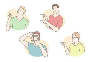 Gesticulation, pose demonstration, pantomime concept. Young men gesticulating with arms, confident guys pointing hands, silent signs, positive emotions, game, entertainment. Simple flat vector