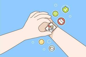 Technology, watch, gadget, innovation concept. Human hands using digital smart watches with multiple functions on wrist. Digital fashionable innovative portable future devices for usage illustration. vector