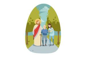 Christianity, bible, religion, protection, health, care, disability, medicine concept. Jesus Christ son of God Messiah protecting old disabled handicapped man walking with woman nurse. Divine support. vector
