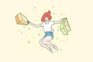 Success, shopping, purchase concept. Young happy cheerful woman or girl shopaholic cartoon character jumping with shop bags. Joy for buying sale goods, commercial discounts for customers illustration. vector
