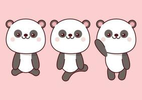 conjunto de kawaii pandas en diferente poses en un rosado antecedentes vector