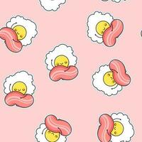 Seamless pattern of fried eggs with bacon in kawaii style vector