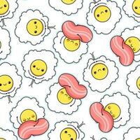 Seamless pattern of cartoon fried eggs and bacon on a white background vector