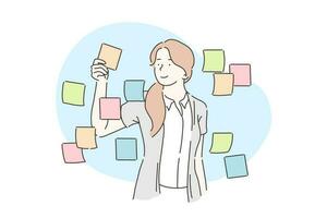 Planning, analysis, business plan concept. Businesswoman sticking adhesive notes on wall in office. A young girl glues paper stickers on the glass. Vector flat design.