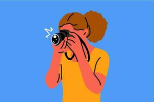 Photography, hobby, occupation, shootings concept. young woman girl photographer character making pgotos or taking pictures in studio. Creative hobby job profession and active lifestyle illustration. vector