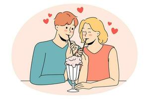 Happy couple on date enjoy milkshake together vector