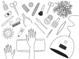 Vector hand drawn manicure set on table top view. Different kinds of manicure tools.