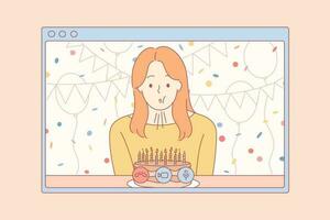 celebracion, en línea, cumpleaños, día festivo, cuarentena, coronavirus concepto. joven mujer niña dibujos animados personaje celebra cumpleaños remotamente soplo pastel velas yo aislamiento fiesta en 2019-nCoV encierro vector