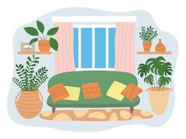 Vector home interior in flat style with cozy sofa and plants. Flat style interior with window, curtains, sofa and shelves