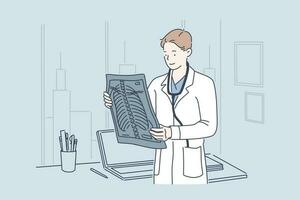 Doctor holding x-ray image concept. vector