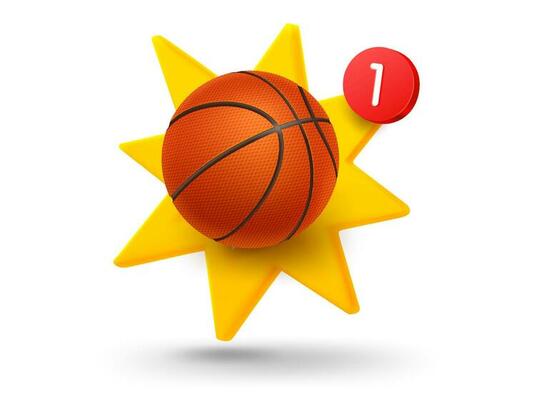 Bastetball ball with explosion effect. 3d vector mobile application icon with notification