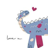 Vector hand drawn flat postcard with dinosaur and heart. Love u