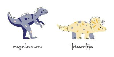 Flat hand drawn vector illustrations of dinosaurs megalosaurus and triceratops