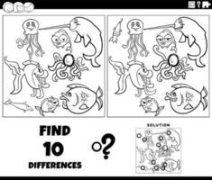 differences game with cartoon marine animals coloring page vector