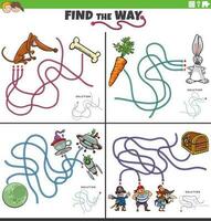 find the way maze game with funny cartoon characters vector