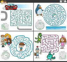 maze activity games set with funny cartoon characters vector