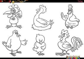 cartoon chickens farm animal characters set coloring page vector