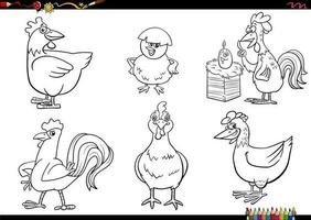 cartoon chickens farm animal characters set coloring page vector