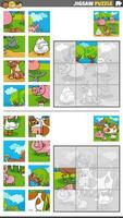 jigsaw puzzle game set with cartoon farm animal characters vector