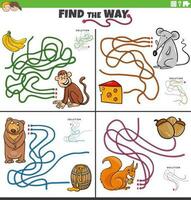 find the way maze game with cartoon animal characters vector