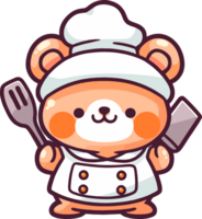 une dessin animé personnage de une mignonne peu ours chef avec une fourchette et une couteau ai généré png