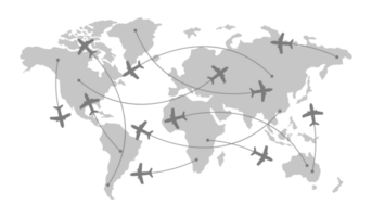 Flight of airplane on world map. Worldwide travel and transportation concept png