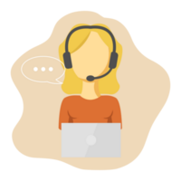 Customer service icon in flat design. Female call center with headphones and microphone is using laptop. Symbols of help and support teams. png
