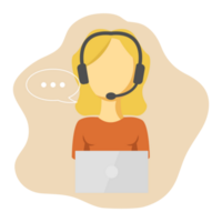 Customer service icon in flat design. Female call center with headphones and microphone is using laptop. Symbols of help and support teams. png