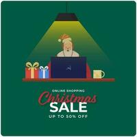 Christmas Sale Poster Design With 50 Discount Offer And Santa Claus Using Laptop On Green Background. vector