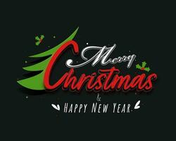 Merry Christmas Happy New Year Font With Half Xmas Tree, Holly Berries On Black Background. vector