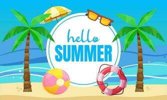 Hello Summer. Colorful banner template with beach, palm tree, sunglasses, ball. Vector. vector