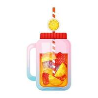 Summer refreshing lemonade with berries in glass jar. Cocktail with strawberries, lemon, orange. Vector illustration isolated on white.