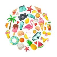 Set of cute summer illustrations food, drinks, shells, fruits and flamingo. Collection of scrapbooking elements for beach party. vector