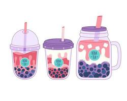Collection of Bubble Milk Tea with tapioca pearls. Boba tea. Taiwanese drink. Summer cold drink vector