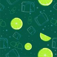 mojito cóctel sin costura modelo. parte superior ver limonada fondo de pantalla. ilustración con menta, hielo cubo y Lima. Fresco verano hora impresión o camiseta, huellas dactilares, bandera, fiesta invitación o embalaje diseño. vector