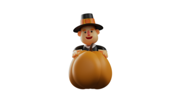 3d ilustração. adorável Ação de graças peregrino 3d desenho animado personagem. Ação de graças peregrino sorridente Felizmente. Ação de graças peregrino em pé atrás uma gigante abóbora. 3d desenho animado personagem png