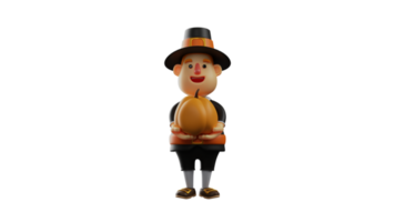 3d illustratie. schattig dankzegging pelgrim 3d tekenfilm karakter. dankzegging pelgrim staand Holding een pompoen. dankzegging pelgrim glimlach breed. 3d tekenfilm karakter png