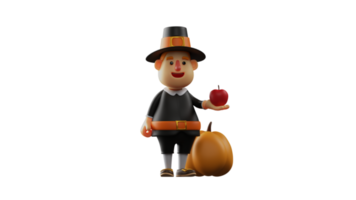 3D illustration. Friendly Thanksgiving Pilgrim 3D cartoon character. Thanksgiving Pilgrim carrying a red apple in his hand. Thanksgiving Pilgrim standing next to a pumpkin. 3D cartoon character png