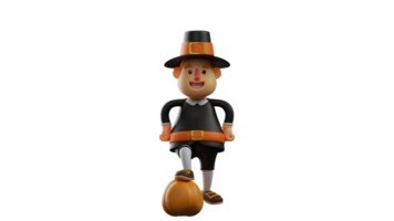 3D illustration. Handsome Thanksgiving Pilgrim 3D cartoon character. Thanksgiving Pilgrim stands with his hands on hips. Thanksgiving Pilgrim stands with one foot on a pumpkin. 3D cartoon character png
