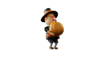 3D illustration. Diligent Thanksgiving Pilgrim 3D cartoon character. Thanksgiving pilgrim carrying a big pumpkin in his hand. Thanksgiving pilgrim object to lifting pumpkin. 3D cartoon character png