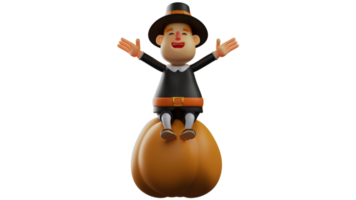 3D illustration. Happy Thanksgiving Pilgrim 3D cartoon character. Thanksgiving pilgrim sitting on a giant pumpkin. The Thanksgiving pilgrim spreads his hands with a big smile. 3D cartoon character png