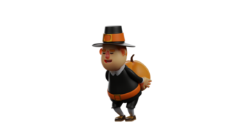 3D Illustration. Diligent Thanksgiving Pilgrim 3D Cartoon Character. Thanksgiving Pilgrim carrying a big pumpkin on his back. Thanksgiving Pilgrim showed exhaustion expressions. 3D cartoon character png