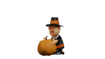 3D Illustration. Funny Thanksgiving Pilgrim 3D Cartoon Character. Thanksgiving Pilgrim sat while paying attention to a big pumpkin. Thanksgiving Pilgrim touch the pumpkin. 3D cartoon character png