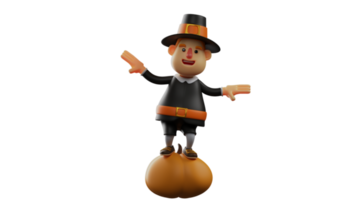 3D Illustration. Adorable Thanksgiving Pilgrim 3D cartoon character. Thanksgiving Pilgrim stands on a giant pumpkin . Thanksgiving Pilgrim stretched his hands and smiled. 3D cartoon character png