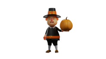 3D Illustration. Cool Thanksgiving Pilgrim 3D Cartoon Character. Thanksgiving Pilgrim raised a big pumpkin with one hand. Thanksgiving Pilgrim smiled sweetly. 3D cartoon character png